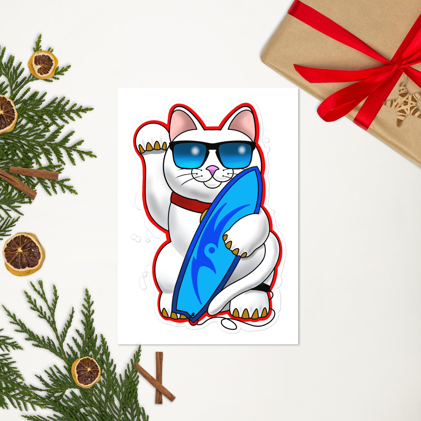 White lucky surfer cat Sticker sheet,