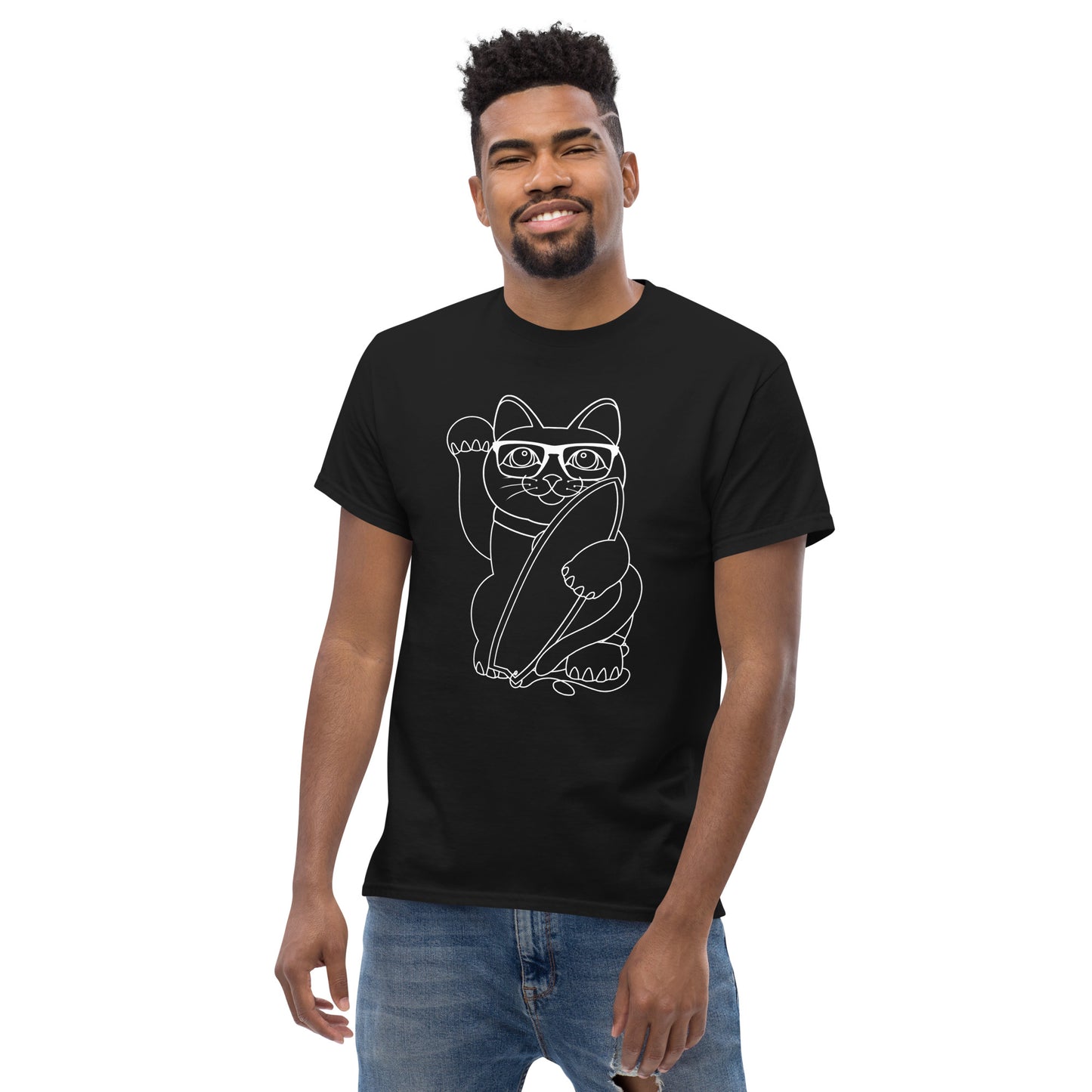 Lucky Surfer Cat Line work T-shirt - design by ALF