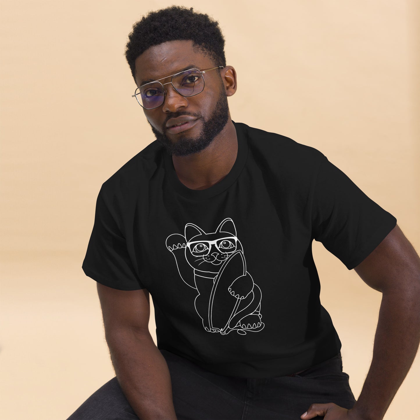 Lucky Surfer Cat Line work T-shirt - design by ALF