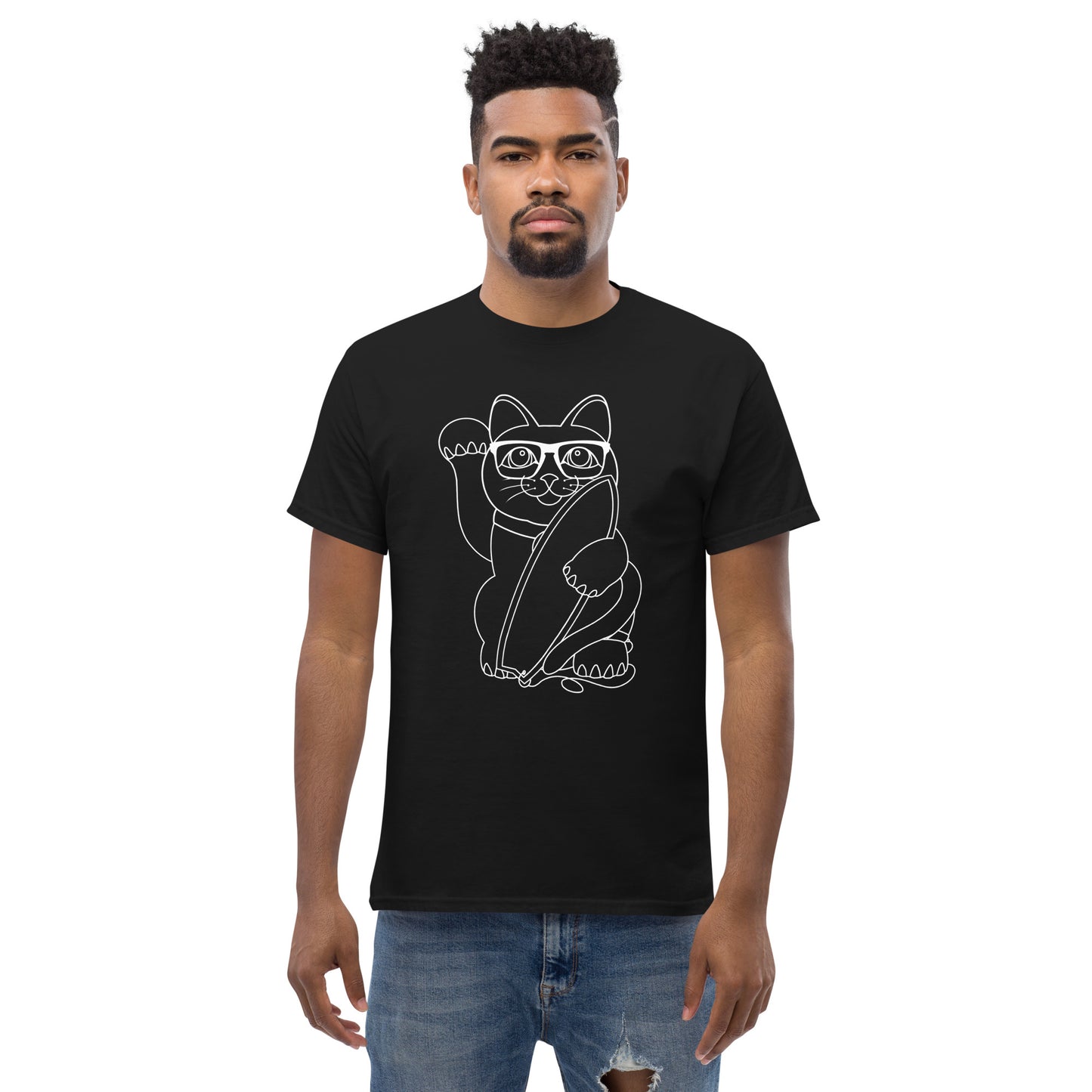 Lucky Surfer Cat Line work T-shirt - design by ALF