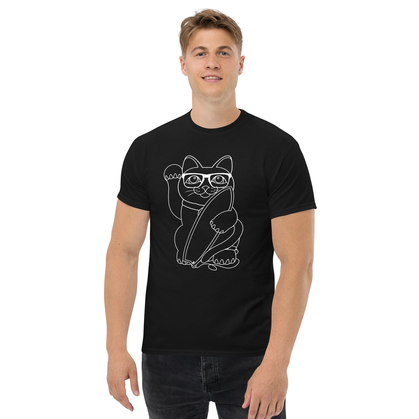 Lucky Surfer Cat Line work T-shirt - design by ALF
